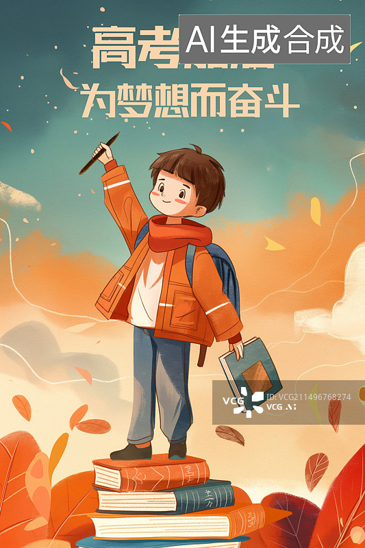 【AI数字艺术】一个学生站在一摞书上的高考主体海报插画图片素材