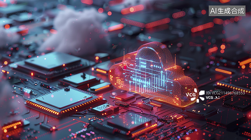 【AI数字艺术】一朵科技云在电路板上——未来科技云桌面云计算数据处理概念图片素材