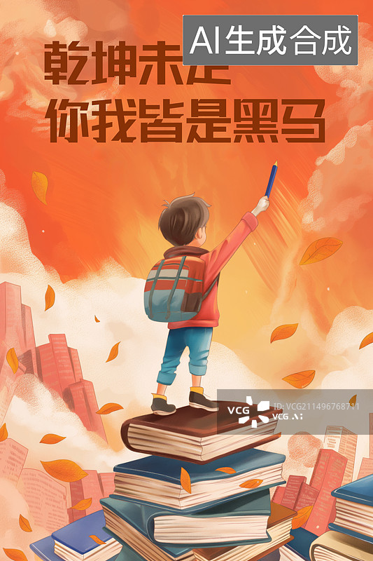 【AI数字艺术】高考题材一个站在书本上的学生图片素材