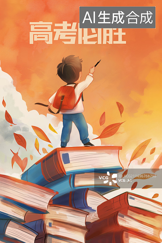 【AI数字艺术】一个站在一摞书本上的学生图片素材