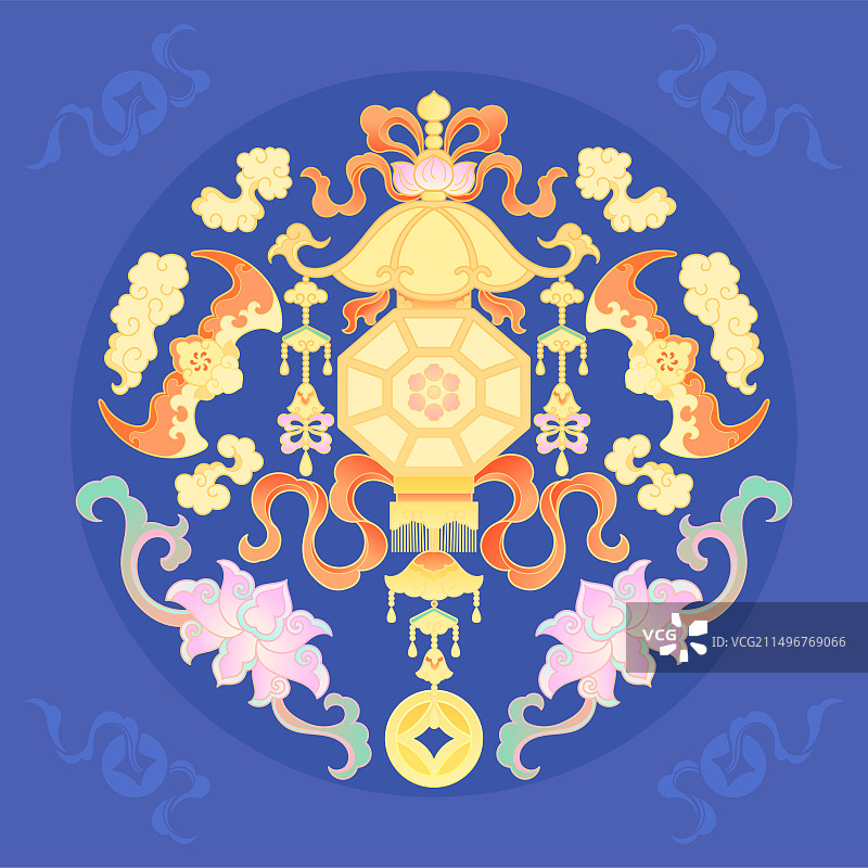 灯笼蝙蝠莲花祥云铜钱喜庆福寿纹样国潮插画图片素材