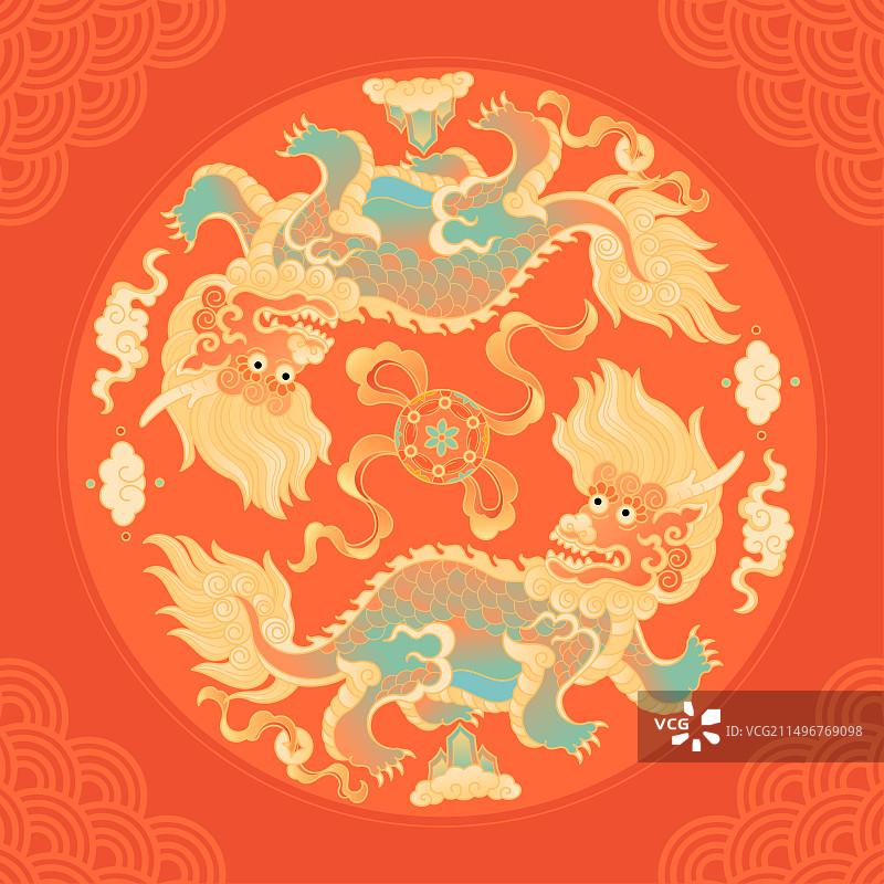 两只麒麟和绣球祥云中国传统纹样国潮插画图片素材