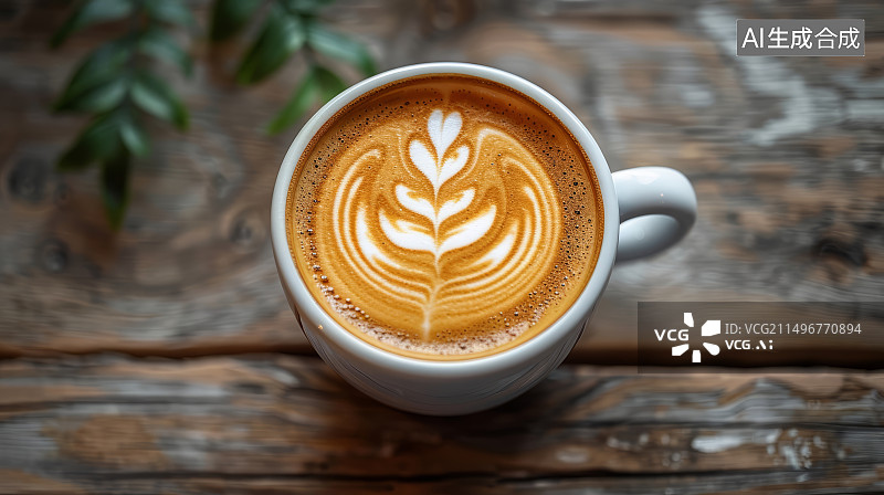 【AI数字艺术】木桌上放着一杯拿铁咖啡，上面漂亮拉花艺术图片素材