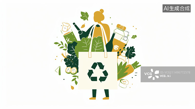 【AI数字艺术】装满带有回收符号的环保袋插画图片素材