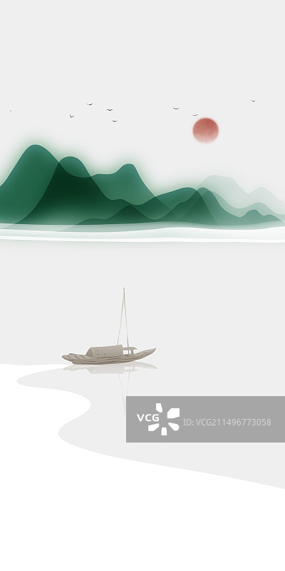 新中式水墨山水春夏风景插画图片素材