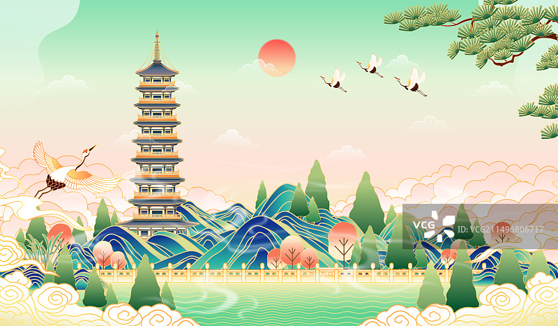 江苏扬州大明寺栖灵塔建筑插画图片素材