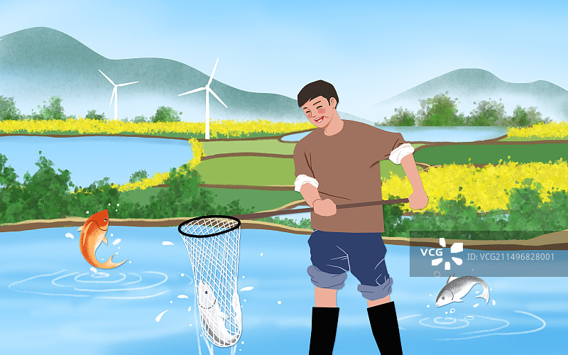 渔民捞鱼插画图片素材