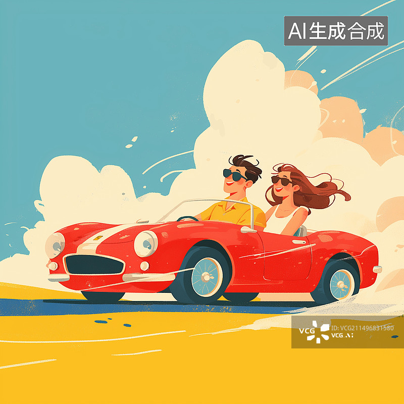 【AI数字艺术】一对情侣开着红色复古敞篷车美式插画图片素材