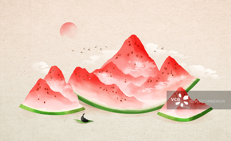 西瓜，国潮风，插画图片素材