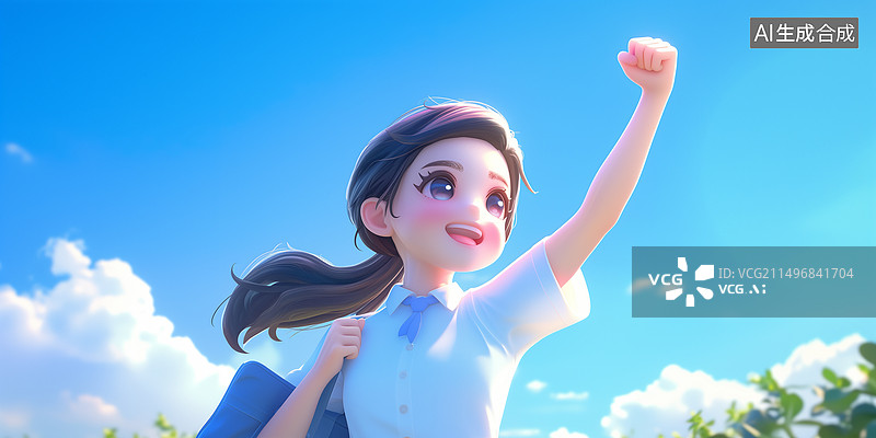 【AI数字艺术】白底高举握拳手臂加油的穿校服女生3D卡通插画图片素材