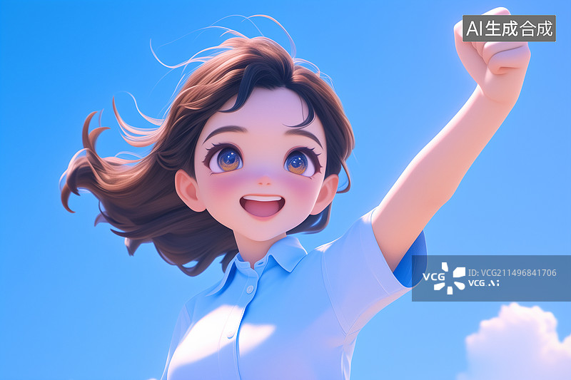 【AI数字艺术】白底高举握拳手臂加油的穿校服女生3D卡通插画图片素材