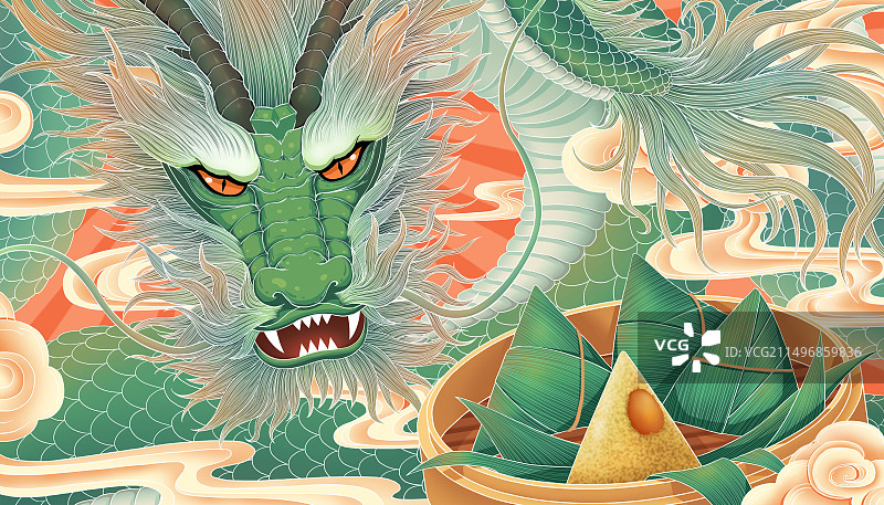 国潮中国风端午节插画中国龙粽子插画图片素材