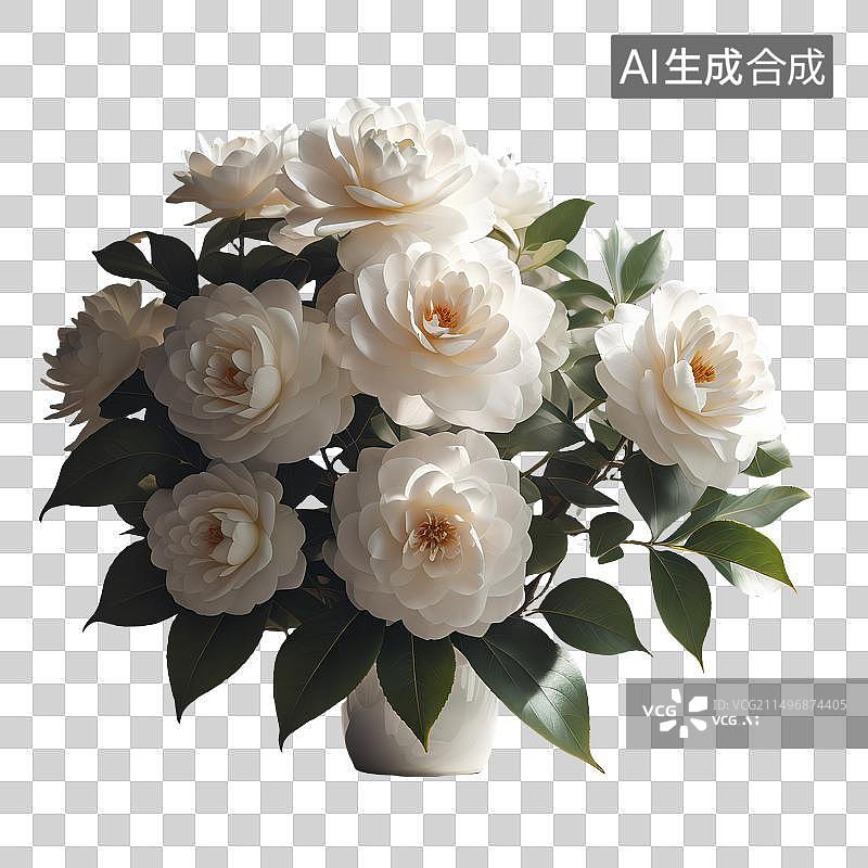 【AI数字艺术】一束插在陶瓷花瓶里的白色山茶花，免抠素材图片素材