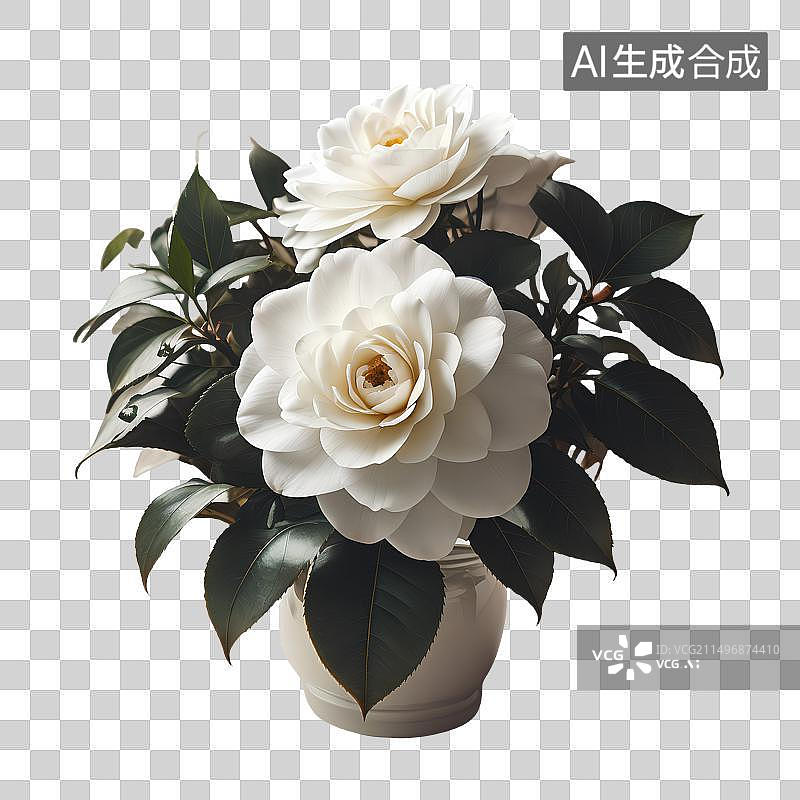 【AI数字艺术】一束插在陶瓷花瓶里的白色山茶花，免抠素材图片素材