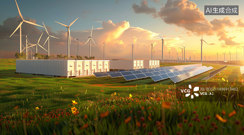 【AI数字艺术】太阳能电池板环境保护晚霞储能装置插画图片素材