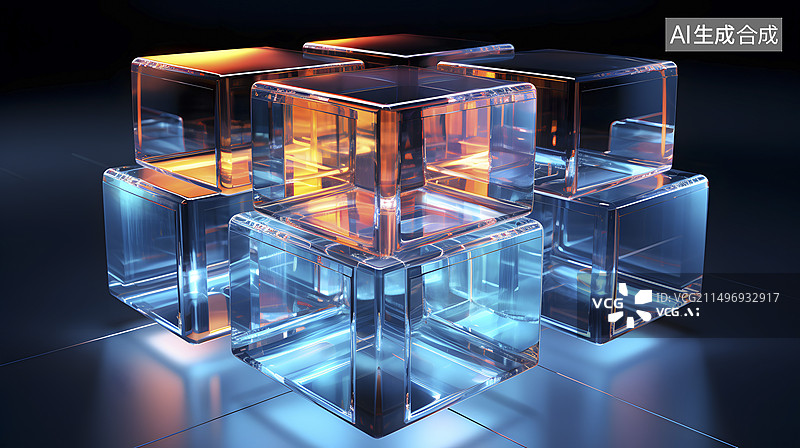 【AI数字艺术】数码科技透明有机玻璃立方体海报背景图片素材