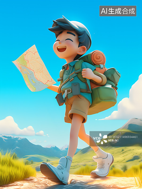 【AI数字艺术】徒步冒险家拿着寻宝地图3D卡通图片素材