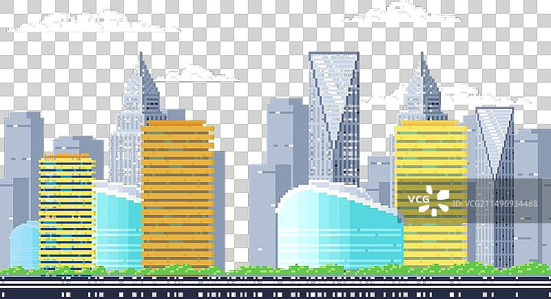 城市街道、房屋和绿色摩天大楼图片素材