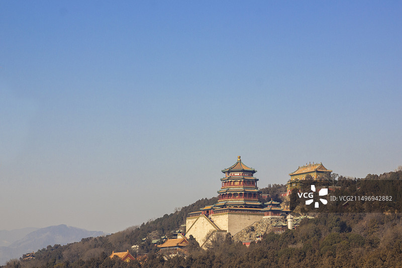 北京颐和园佛香阁和智慧海远眺全景 初春的北京颐和园风景图片素材
