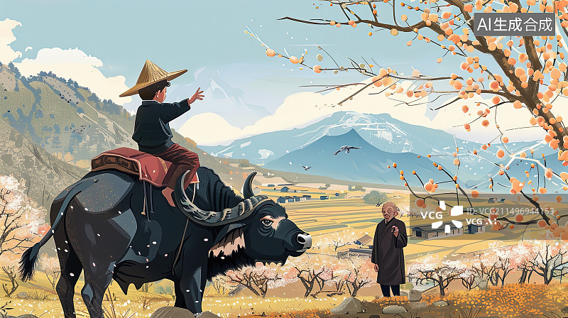 【AI数字艺术】清明时节乡村牧童放牛插画唐代杜牧古诗配图图片素材