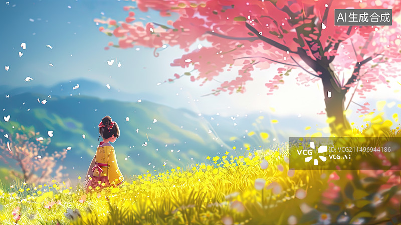 【AI数字艺术】清明节樱花树下的小女孩日漫风格插画图片素材