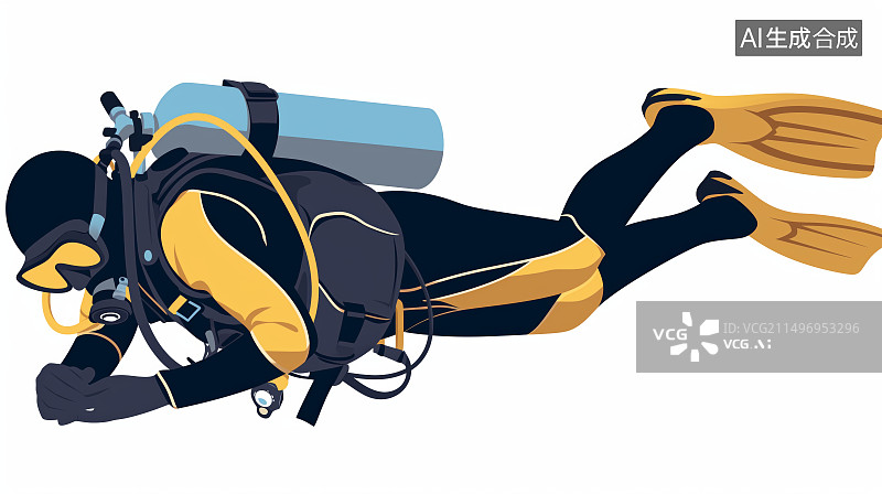【AI数字艺术】一个穿着潜水服的男人戴着头盔，手里拿着脚蹼潜入水中插画图片素材