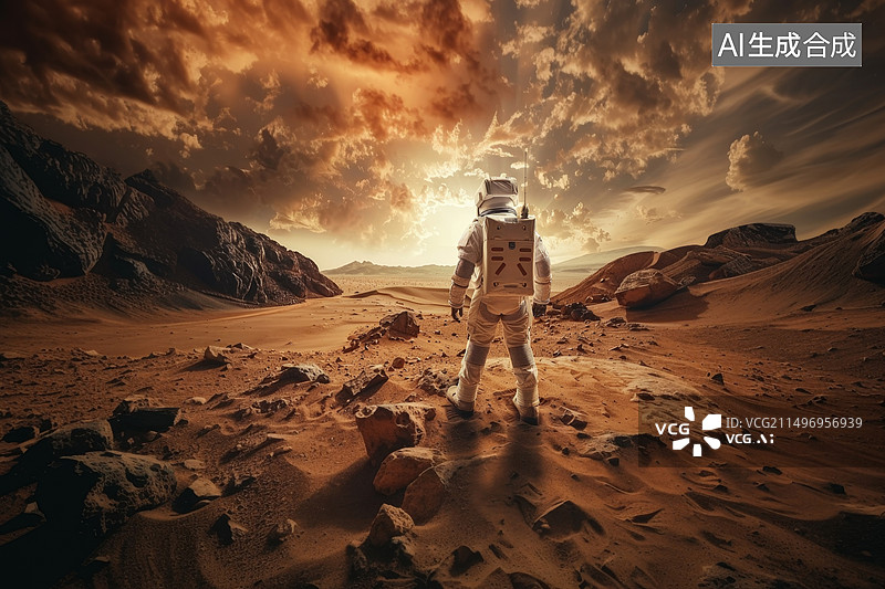 【AI数字艺术】火星上一个孤独的宇航员正在等待日落图片素材