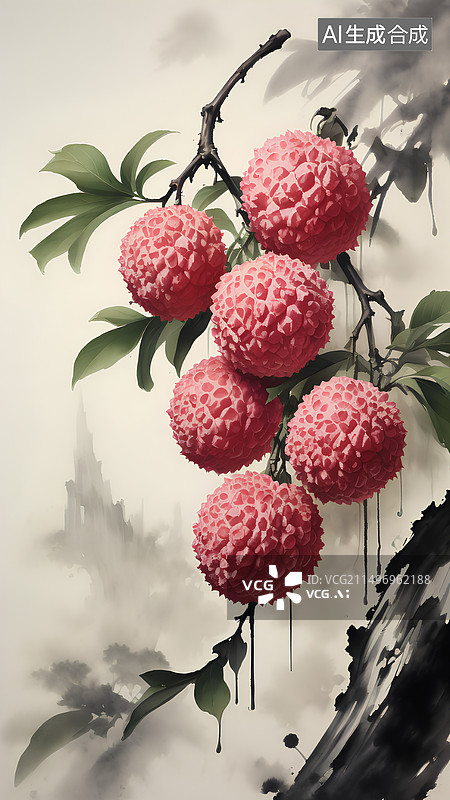 【AI数字艺术】水墨画 荔枝图片素材