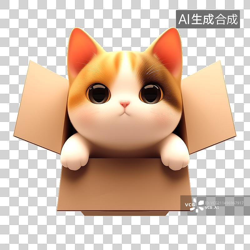 【AI数字艺术】白底纸盒窝中的探头探脑的宠物猫透明免抠元素素材图片素材
