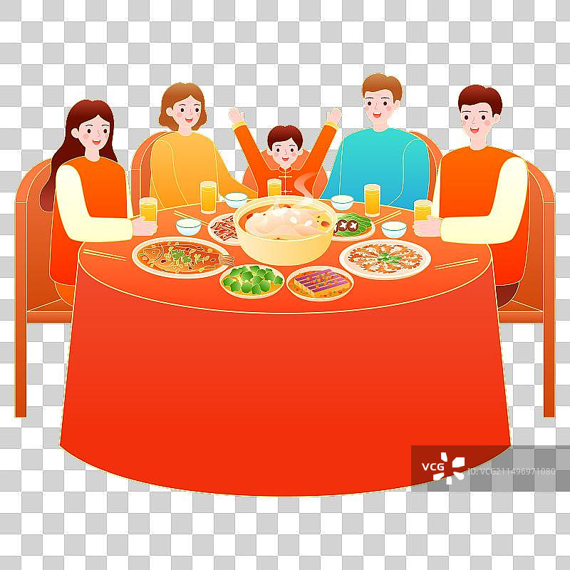 春节除夕家人团圆一起吃年夜饭国潮矢量元素插画图片素材