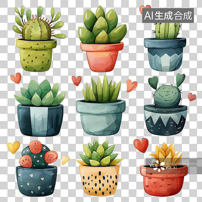 【AI数字艺术】多肉植物 卡通的 手绘图片素材