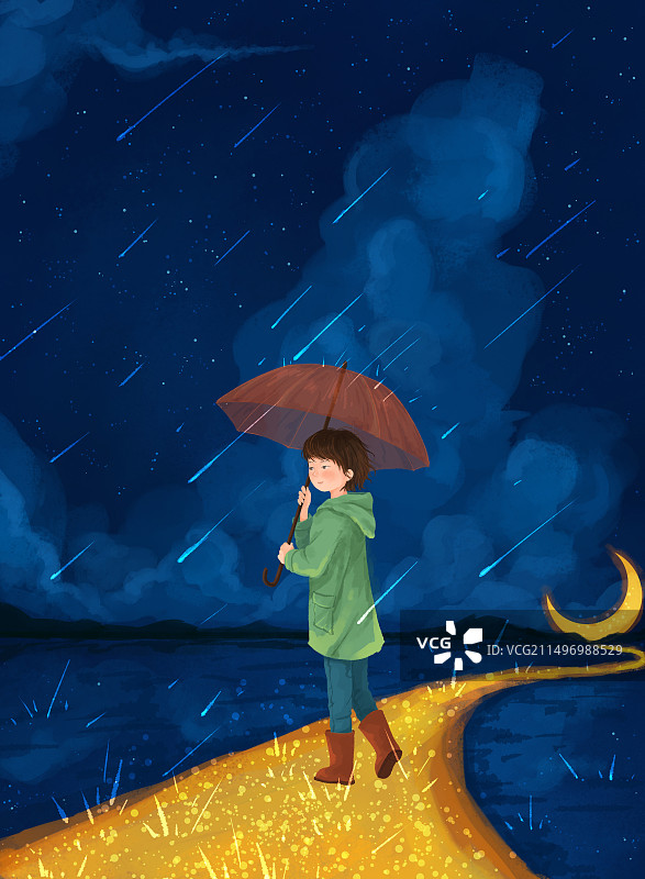 蓝色夜空金色小路女孩图片素材