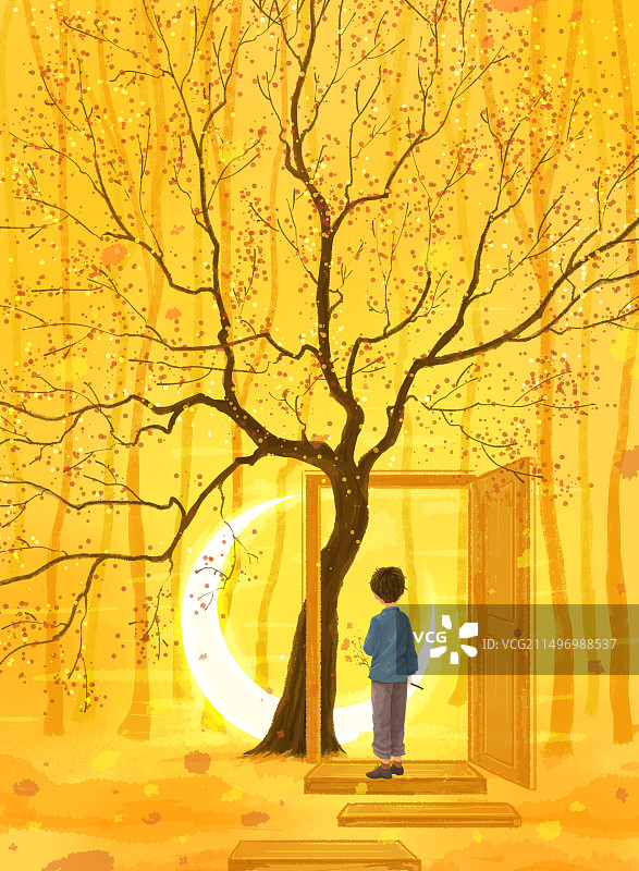 门后大树和月亮男孩图片素材