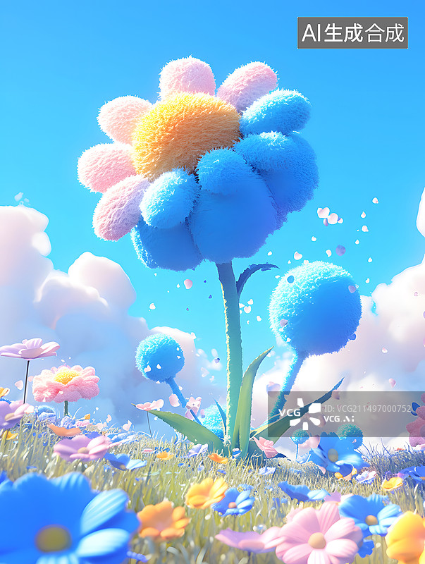 【AI数字艺术】3D渲染的毛绒花朵场景图片素材