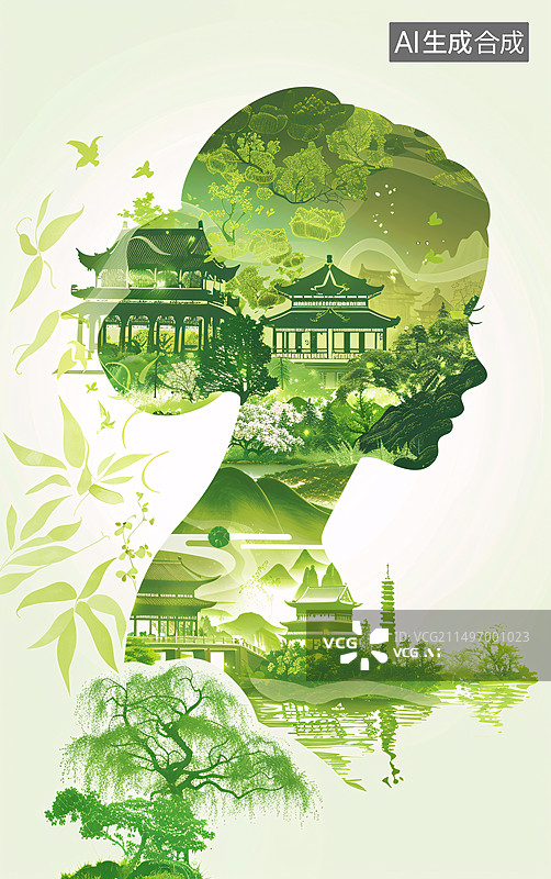 【AI数字艺术】双重曝光美丽少女的剪影充满了中国乡村春光自然统一概念设计图片素材