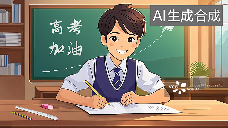 【AI数字艺术】一个高中男生坐在教室考场上自信答题做试卷，黑板上写着高考加油纸飞机梦想起航插画图片素材