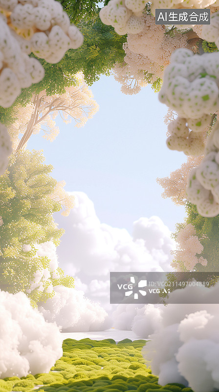 【AI数字艺术】长满苔藓毛绒植物的石拱门儿童花园3D卡通插画图片素材