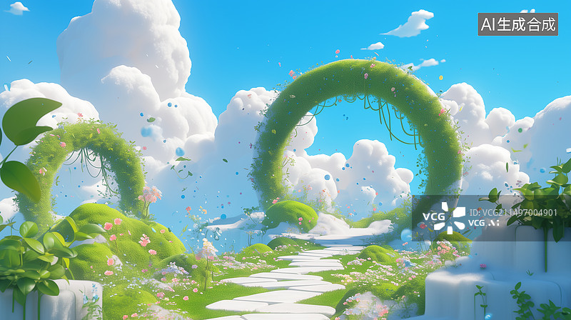 【AI数字艺术】长满苔藓毛绒植物的石拱门儿童花园3D卡通插画图片素材