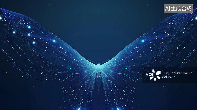 【AI数字艺术】科技风格主视觉——发光的蓝色抽象蝴蝶背景图片素材