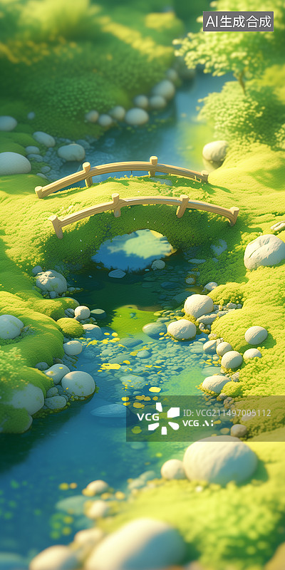 【AI数字艺术】长满苔藓毛绒植物的梦幻仙境小桥小河3D卡通背景插画图片素材