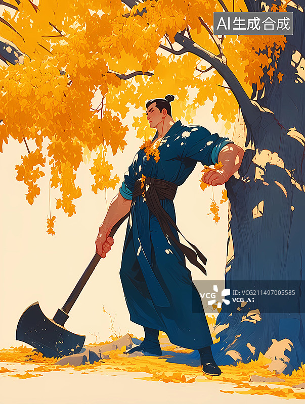 【AI数字艺术】国潮风格神话传说插画——吴刚伐桂图片素材