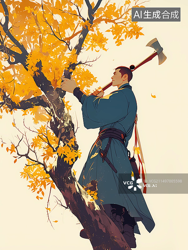 【AI数字艺术】国潮风格神话传说插画——吴刚伐桂图片素材