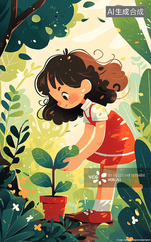 【AI数字艺术】植树节种树儿童春天保护地球环境概念插图图片素材