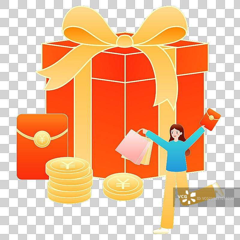 电商活动女孩购物抢礼物红包矢量元素插画图片素材