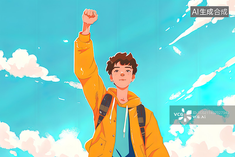 【AI数字艺术】中国学生高考后的握紧右拳自信表现图片素材