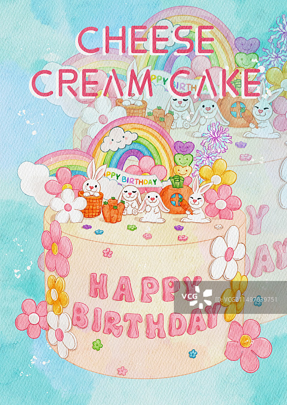 兔子卡通清新可爱蛋糕生日派对插画海报图片素材