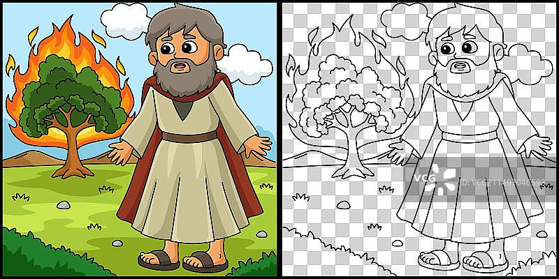摩西与燃烧的灌木着色页图片素材
