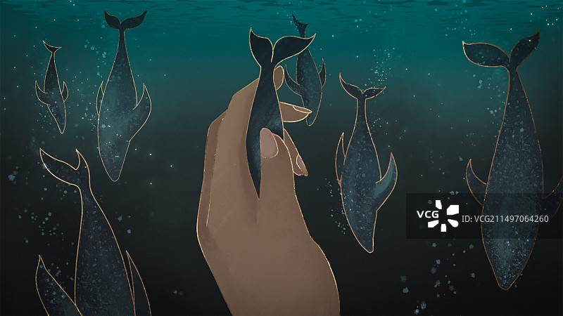 深蓝色静谧海底世界睡眠的鲸鱼鲸落环保插画图片素材