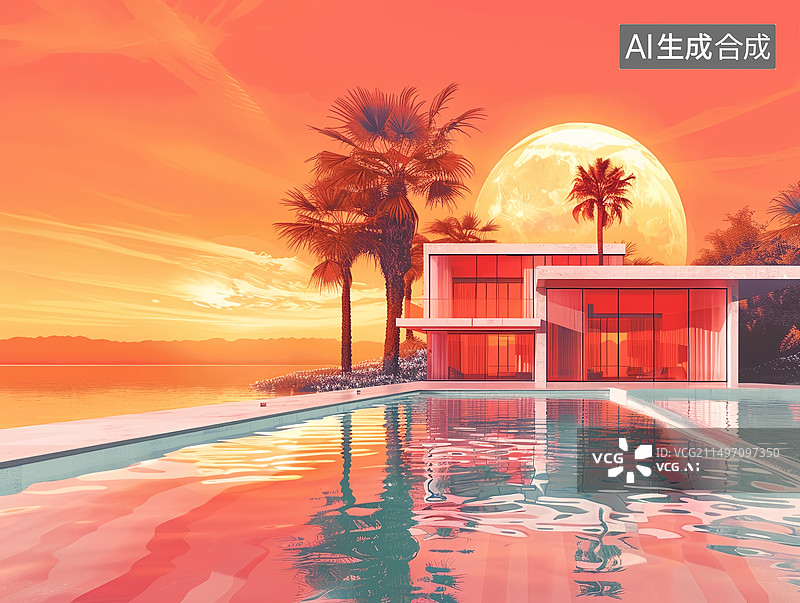 【AI数字艺术】复古千禧年夏日椰树泳池别墅图片素材