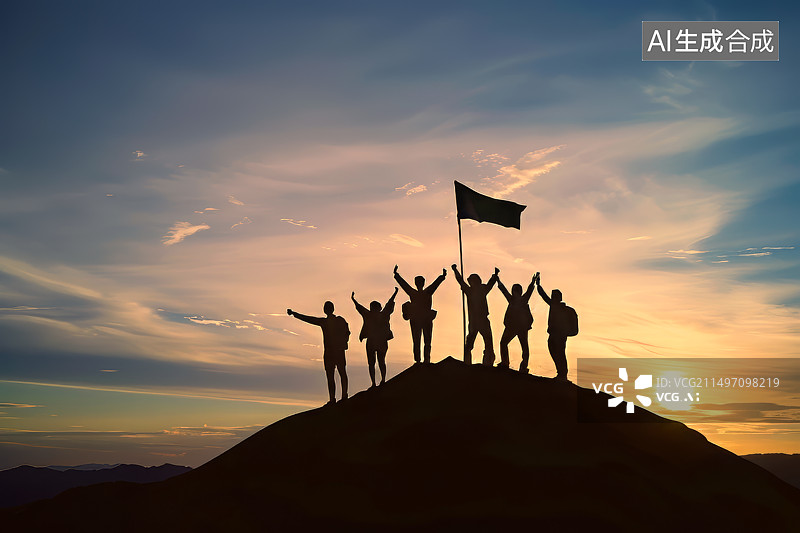 【AI数字艺术】一群人登山高举旗帜欢呼剪影，团队合作概念图片素材